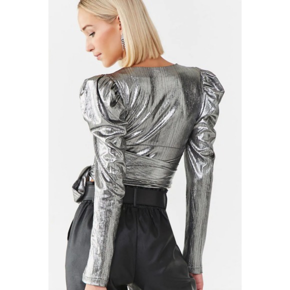 FOREVER 21 TIE METALLIC PUFF SLEEVE TOP BLOUSE - Picture 3 of 5